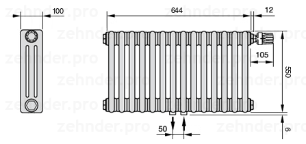 Схема (чертеж) Радиатор Zehnder Charleston 3055/14 №V008 Белый глянцевый RAL 9016
